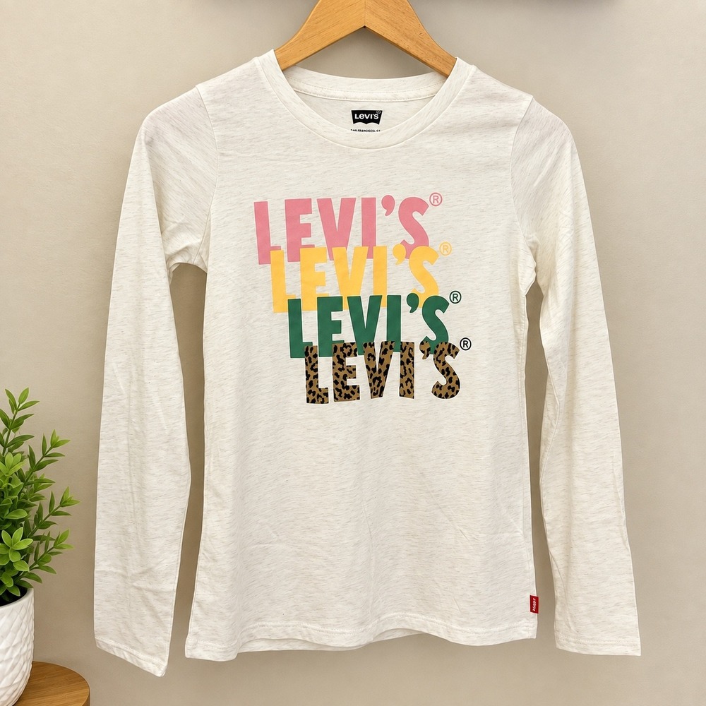 Levis Girls Cream Graphic Long Sleeve T-Shirt Leopard Logo Size L 12-13 NEW